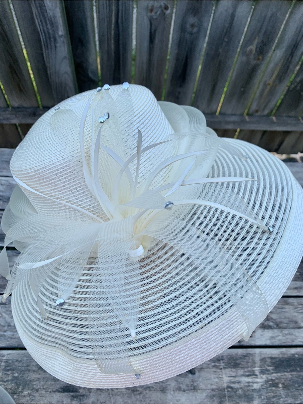 Vintage Ivory White Wide Brim Church Derby Hat Feathers Rhinestones Mesh - Picture 3 of 6